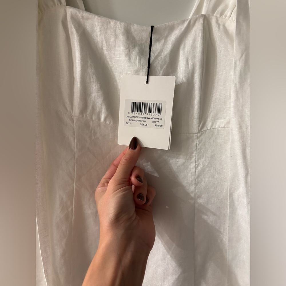 Worn once- like new DISSH LINEN dress white bow midi linen dress $185 size 4 - Picture 4 of 7